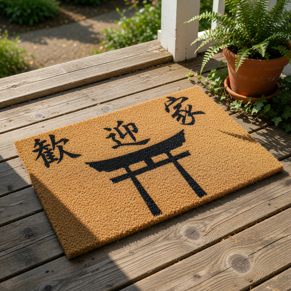 Asian inspired coir doormat featuring a black torii gate icon and traditional characters for welcome home, this durable natural fiber welcome mat is a stylish outdoor floor rug for your front porch entry or home entryway decor.