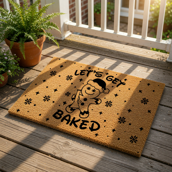 Funny Christmas doormat featuring a gingerbread man wearing a Santa hat with the text Let's Get Baked, this natural coir welcome mat is a humorous holiday front porch decor piece for your home entrance during the winter season.