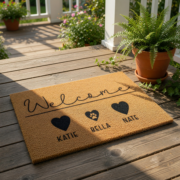 Personalized pet welcome doormat featuring a natural coir fiber texture, custom family names, and black heart icons with a central paw print design for a stylish front porch entry rug that makes a great housewarming home decor