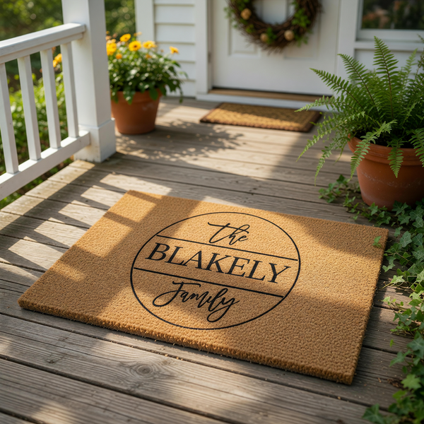 Personalized family name coir doormat featuring a circular design with custom text, this durable natural fiber welcome mat is a stylish housewarming decor piece for your front porch entrance and home entryway floor decor.