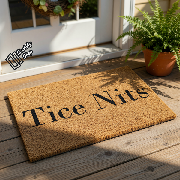 Custom coir doormat featuring the text Tice Nits in bold black lettering, this natural fiber welcome mat is a durable outdoor floor rug for your front porch entry, perfect for personalized home decor and housewarming gift ideas.