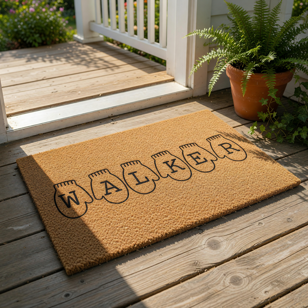 Personalized family name coir doormat featuring cute mitten illustrations for each letter, this durable natural fiber welcome mat is a custom housewarming gift for a new home or a stylish front porch decor piece for any family.