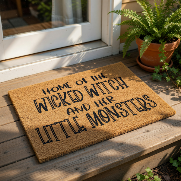 A textured door mat with the text "HOME OF THE WICKED WITCH AND HER LITTLE MONSTERS" printed on it.