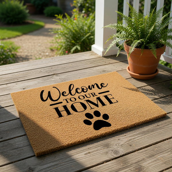 A person holding a welcome mat with the text "Welcome to our Home" and a paw print symbol.