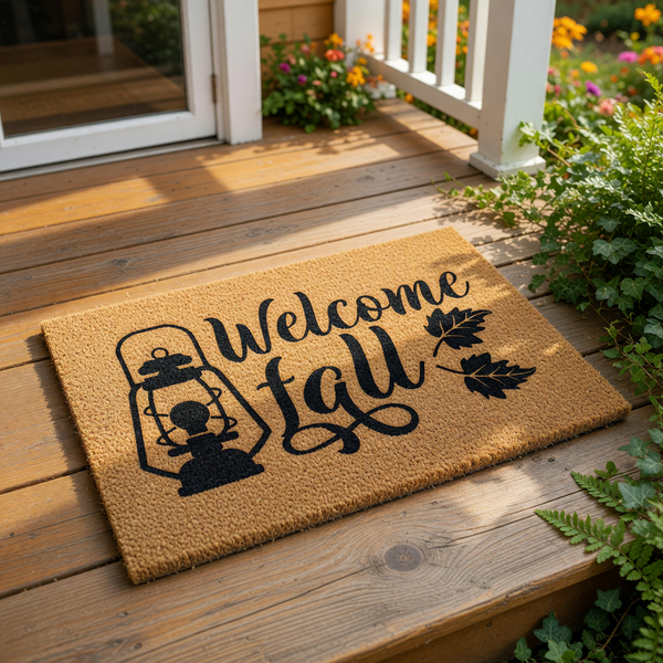 A welcome mat with the text "Welcome Fall" printed on it, along with a silhouette of a lantern and leaves.