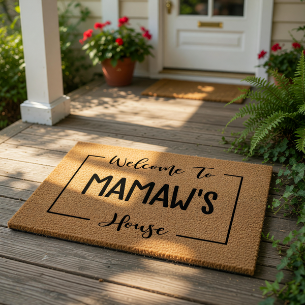 A welcome mat with the text "Welcome To MAW'S HOUSE" printed on it, surrounded by greenery and a hat.