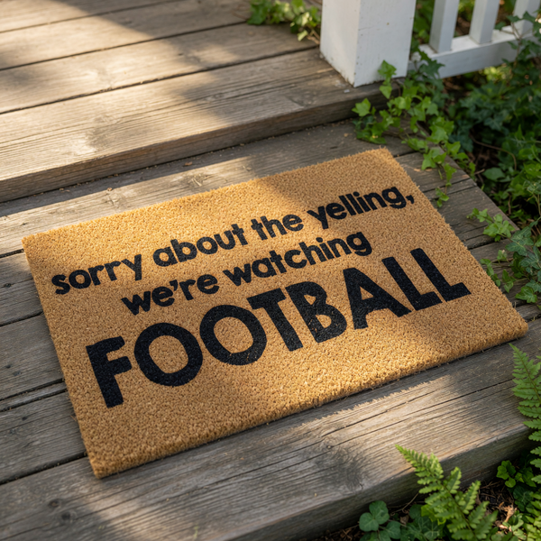 a humorous text that reads "Sorry about the yelling, we're watching FOOTBALL" on a doormat.