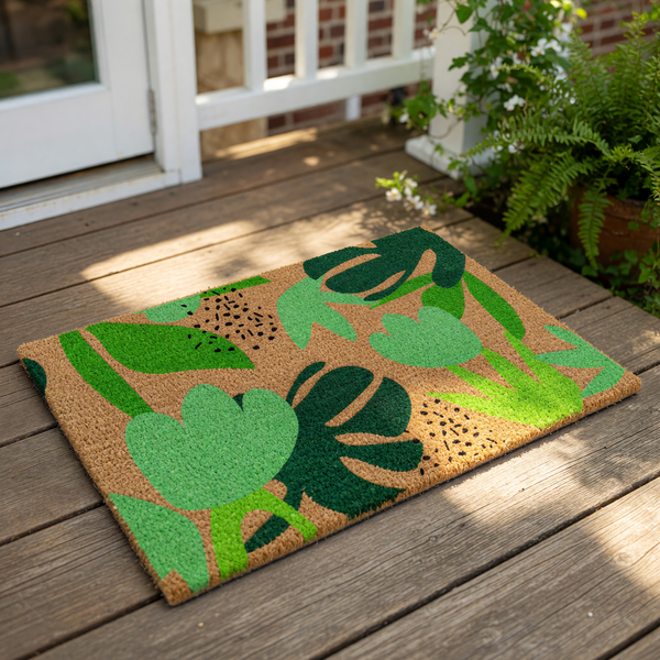 a decorative mat with a leafy, plant-like pattern in shades of green and brown.