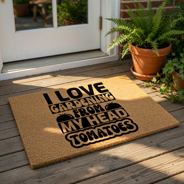 A door mat with a humorous text that says "I LOVE GARDENING FROM MY HEAD TOMATOES" printed on it, surrounded by decorative elements such as pumpkins, flowers, and a glass globe.