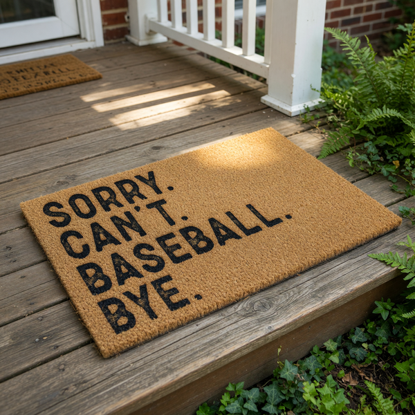 A door mat with the text "SORRY CAN'T BASEBALL BYE" printed on it.