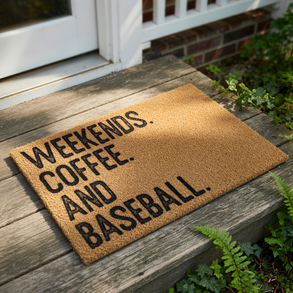 A wooden door mat with the text "Weekends.