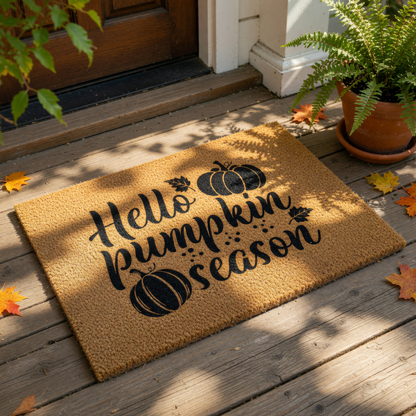 A textured door mat with the phrase "Hello pumpkin season" printed on it, along with silhouettes of pumpkins and leaves.