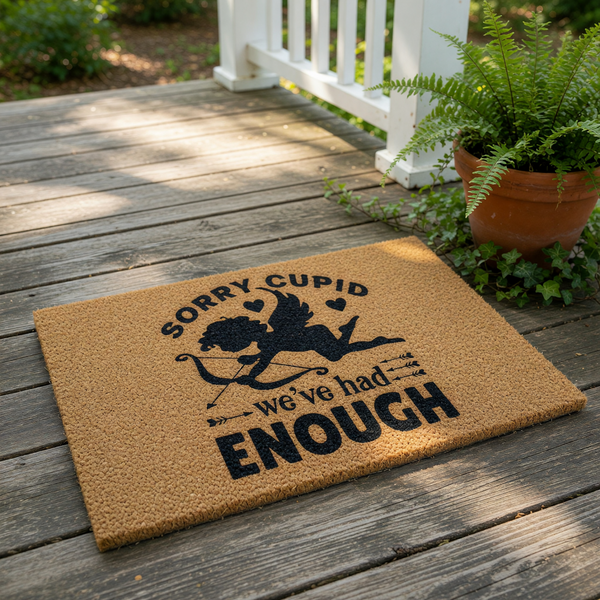 A wooden door mat with a black silhouette of a cupid and the text "Sorry Cupid we've had enough" printed on it.
