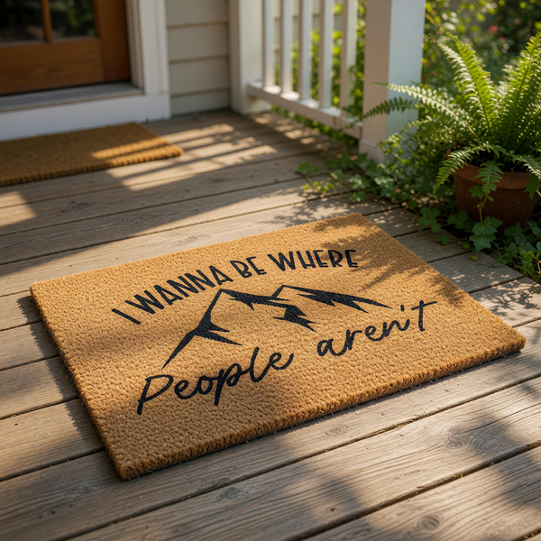 a textured area rug with a mountain silhouette and the phrase "I WANNA BE WHERE People aren't" printed on it.