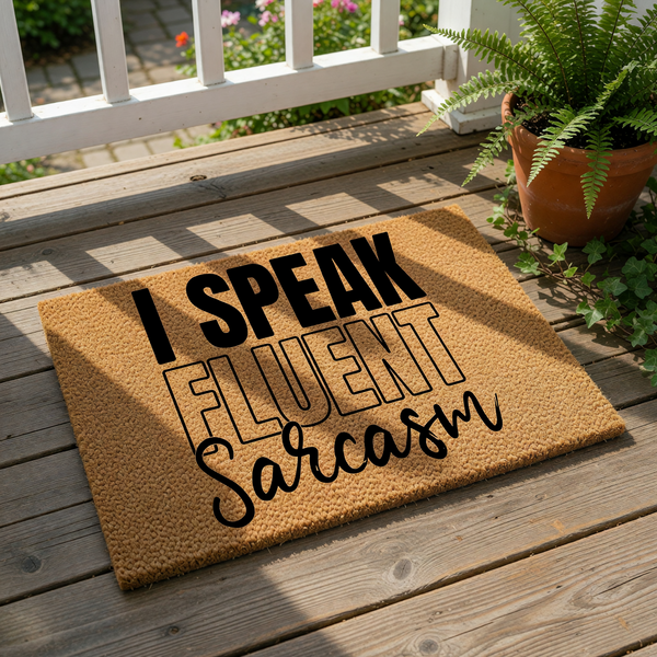 A textured door mat with the phrase "I SPEAK FLUENT SARCASM" printed on it.