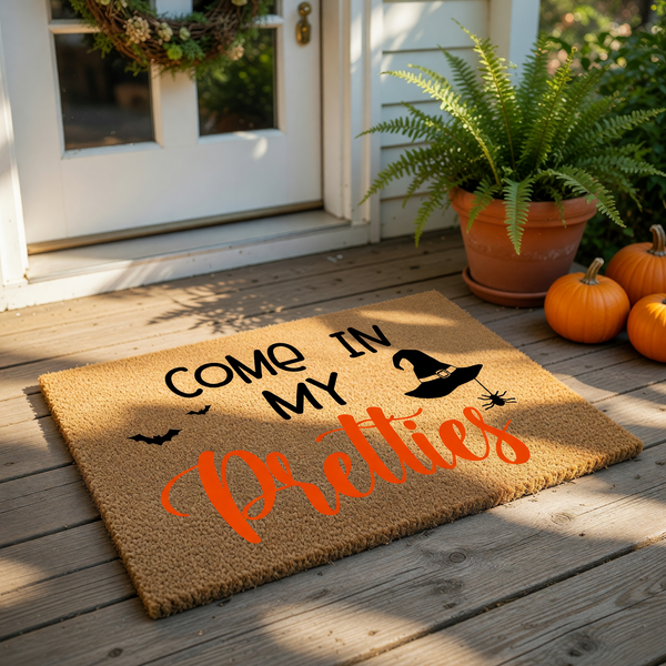 a door mat with the text "COME IN MY PRETTY" printed on it.