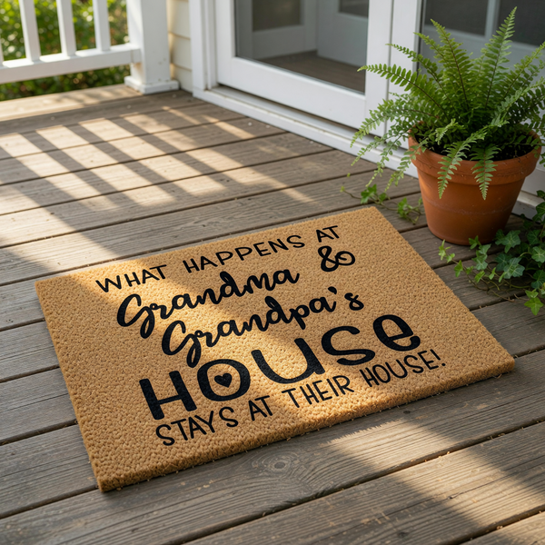 A textured door mat with the text "WHAT HAPPENS AT GRANDMA & GRANDPA'S HOUSE STAYS AT THEIR HOUSE!" printed on it.
