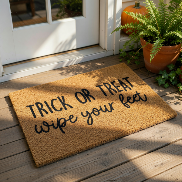 A textured door mat with the phrase "TRICK OR TREAT wipe your feet" printed on it.