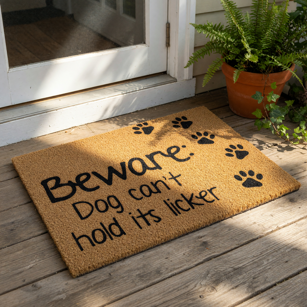 a humorous text warning about a dog's inability to hold its tongue, accompanied by paw prints.