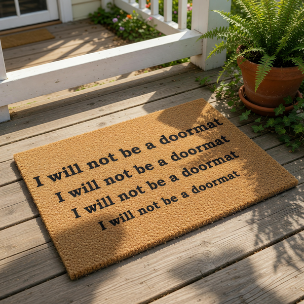 a textured doormat with the following text: "I will not be a doormat I will not be a doormat I will not be a doormat"