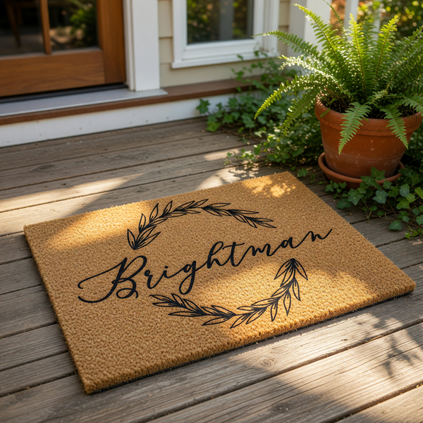 A decorative doormat with the word "Brightman" written on it, surrounded by a wreath design.