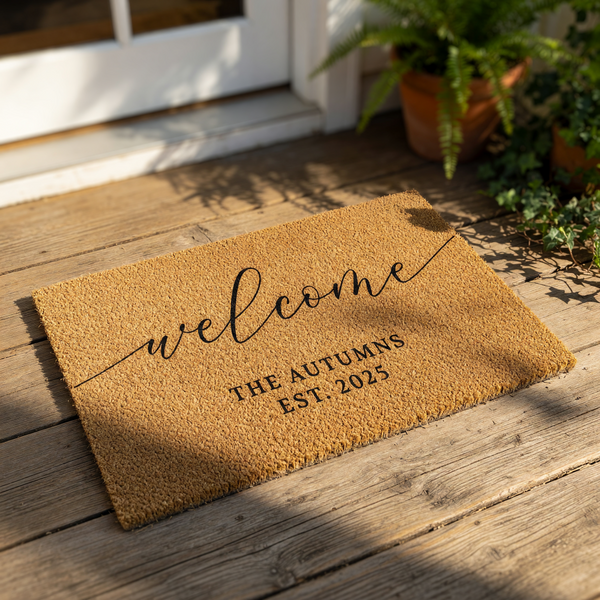 A personalized welcome mat with the text "Welcome The Gussers EST. 2023" printed on it, placed on a brick floor next to a pair of feet and some potted plants.