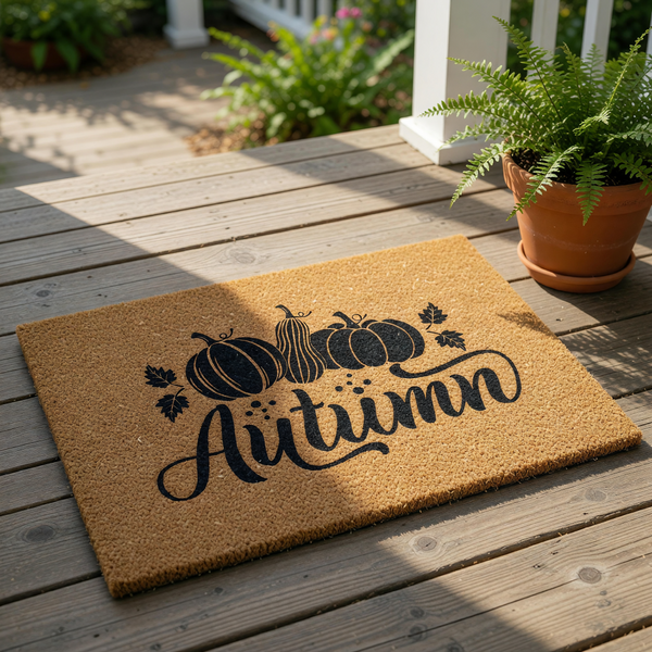 Autumn pumpkin coir doormat featuring a black printed design of gourds and leaves on natural fiber, perfect for fall porch decor, seasonal entryway rugs, and rustic farmhouse welcome mats for your front door entrance.
