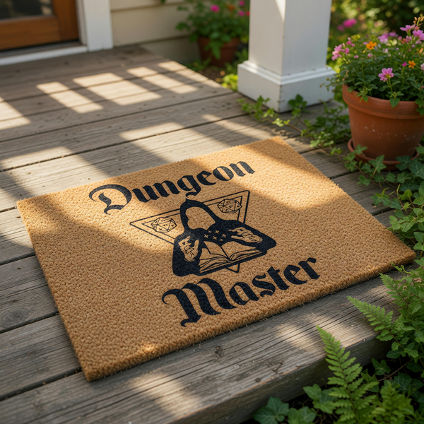 Dungeon Master doormat featuring a hooded figure reading a book with dice icons, this natural fiber welcome mat is a fun home decor piece for tabletop gaming fans who love fantasy role playing games and unique entryway floor mats.