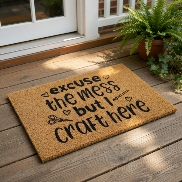 Excuse the mess but I craft here doormat, a natural coir fiber welcome mat for crafters featuring black text, scissors, and paintbrush icons, perfect for a craft room entrance or a funny home decor gift for a creative hobbyist.
