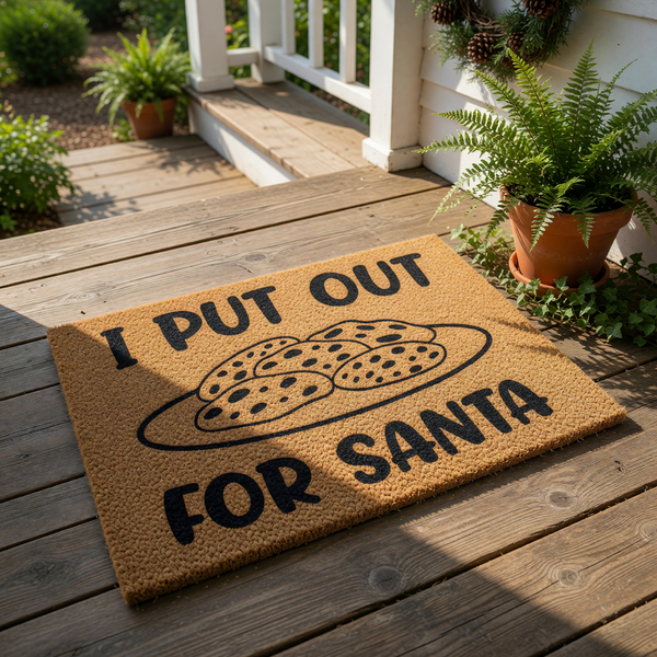 Funny Christmas doormat with a plate of cookies illustration and the text I PUT OUT FOR SANTA, this natural coir fiber welcome mat is a humorous holiday front porch decor piece for your home entrance during the winter festive