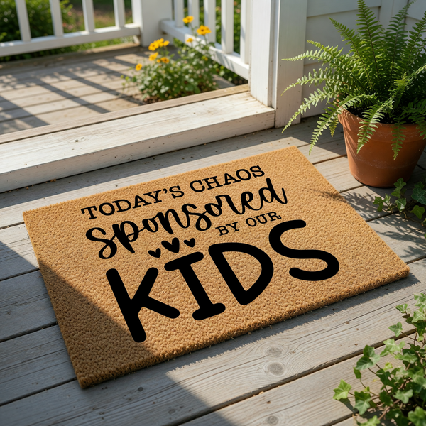 Funny kids doormat with the text Today's Chaos Sponsored By Our Kids, featuring a natural coir fiber welcome mat design that makes a humorous front porch decor piece for parents and families looking for a durable outdoor entryway