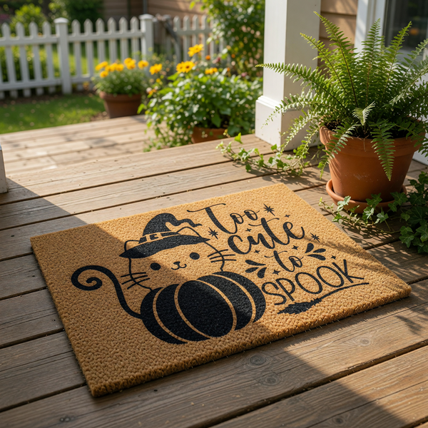 Halloween cat pumpkin doormat featuring a cute feline in a witch hat sitting in a pumpkin, with the text Too Cute To Spook printed on natural coir fiber, making this a fun fall welcome mat for your front porch entryway decor.