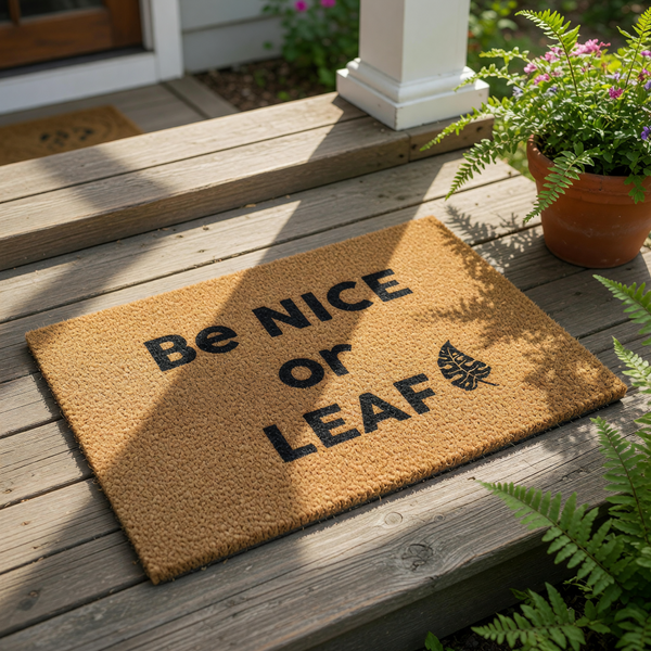 Be Nice or Leaf coir doormat with a funny plant pun design, featuring bold black text on a natural brown fiber welcome mat for your front porch, entryway, or home decor, perfect for housewarming gifts for plant lovers and
