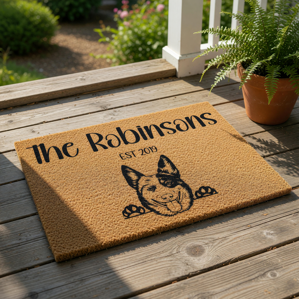 Personalized Cattle Dog doormat for front porch, featuring a custom family name and established year on natural coir fiber.