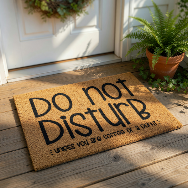 Funny Do Not Disturb doormat with coffee and donut text, a natural coir fiber welcome mat for front porch entryways that features bold black lettering for a humorous home decor statement piece for coffee lovers and donut fans.