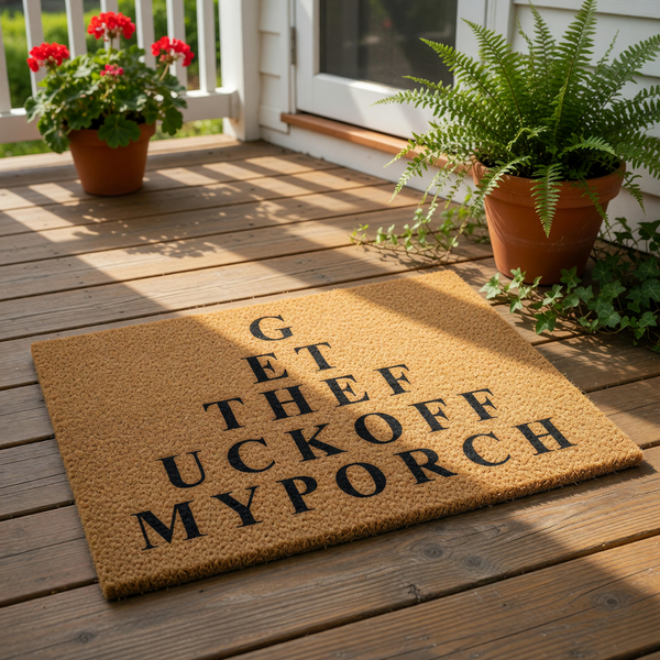 Funny eye chart doormat with rude text printed in black on a natural brown coir fiber welcome mat, featuring a bold design that makes a humorous statement for your front door entry, porch decor, or housewarming home entrance.