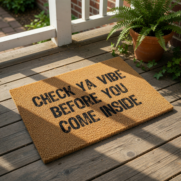 Check Ya Vibe Before You Come Inside coir doormat for front porch, a funny welcome mat with bold black text on natural fiber, perfect for home entryway decor, housewarming gift, or a stylish outdoor rug for your front door