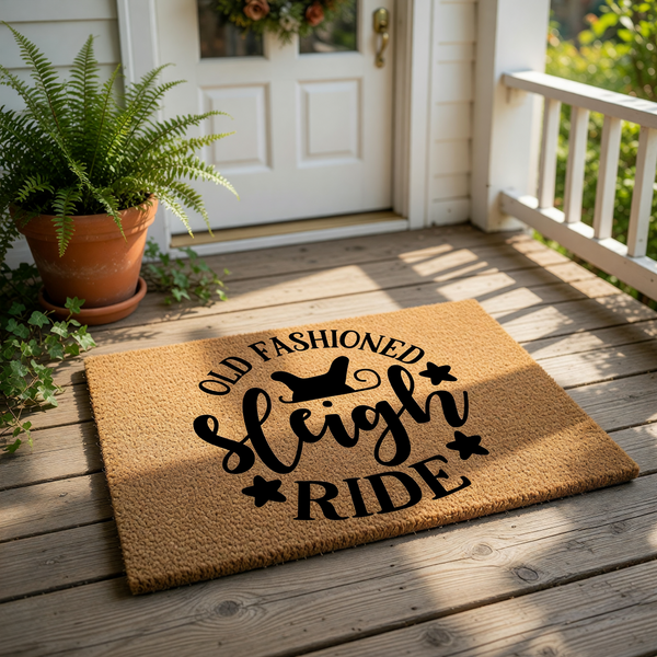 Old Fashioned Sleigh Ride coir doormat featuring black text and a festive winter graphic on a natural fiber welcome mat, perfect for holiday porch decor, seasonal entryway floor mats, and rustic Christmas home entrance
