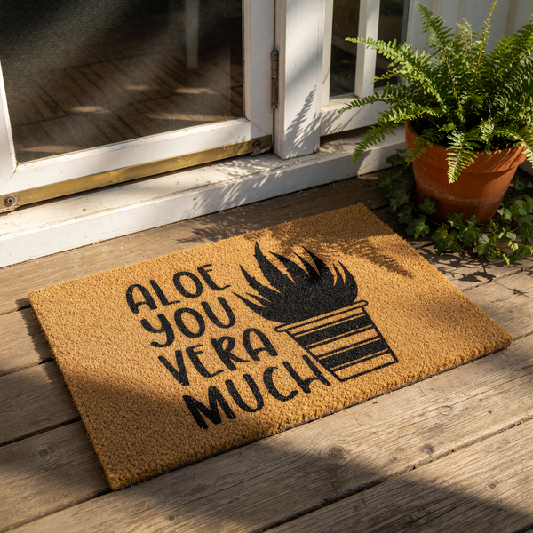 Aloe You Vera Much coir doormat featuring a cute potted succulent plant design, this natural fiber welcome mat is a funny housewarming entry rug for plant lovers who enjoy punny home decor and unique outdoor porch floor mats.