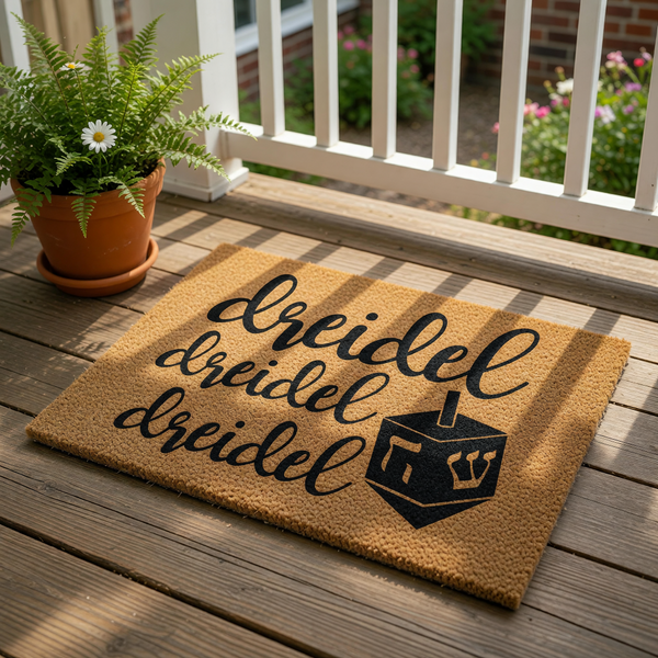 Dreidel Hanukkah doormat featuring a natural coir welcome mat with black script text and a spinning top illustration, perfect for holiday porch decor, entryway floor mats, and festive seasonal home entrance decorations.