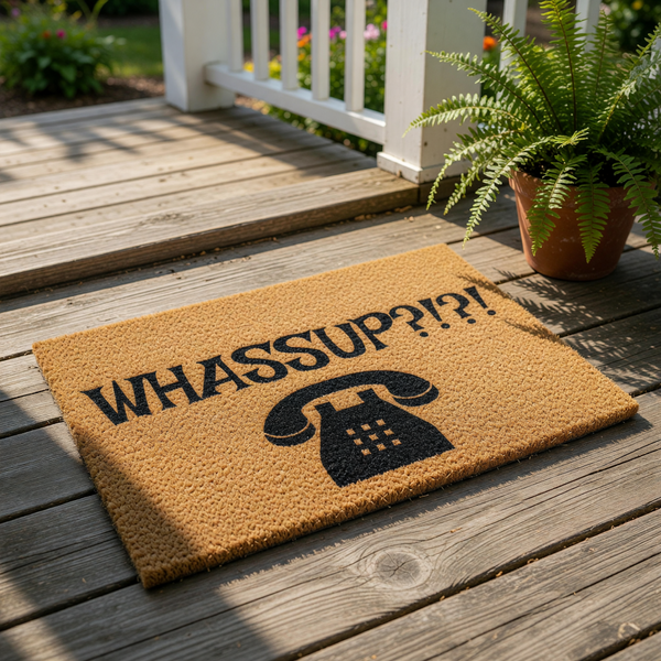 Whassup doormat with a retro telephone graphic, this funny coir welcome mat features bold black text and a vintage rotary phone icon on a natural brown fiber rug, perfect for a humorous front porch entry or a quirky home decor