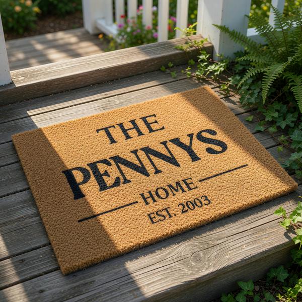 Personalized family name coir doormat featuring custom text for a home entrance, this durable outdoor welcome mat is a stylish housewarming decor piece that adds a custom touch to any front porch or entryway floor.