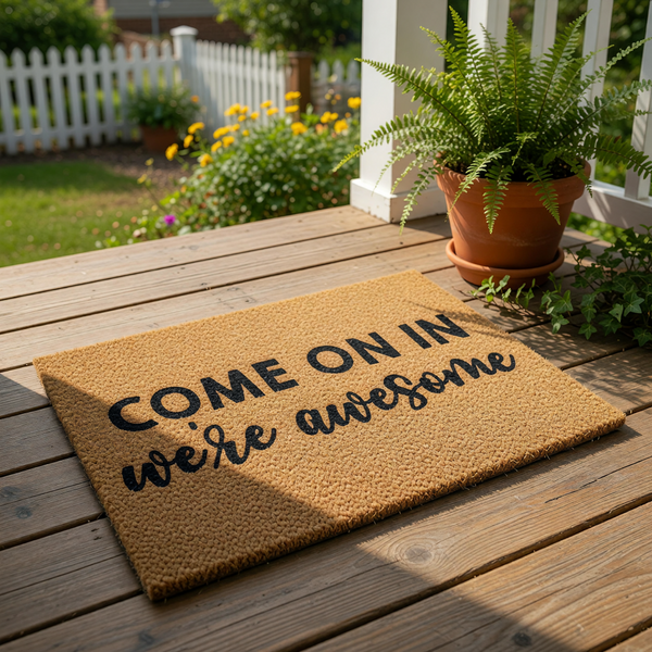 Funny welcome doormat with Come On In We Are Awesome text printed on natural coir fiber, this durable outdoor floor mat serves as a stylish front porch decor piece for your home entrance and makes a great housewarming entry rug.