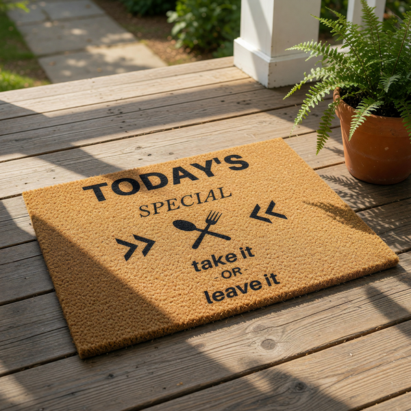 Funny kitchen doormat with Today's Special take it or leave it text and spoon and fork icons, this natural coir fiber welcome mat is a humorous housewarming gift for foodies and home cooks looking for unique kitchen floor decor.