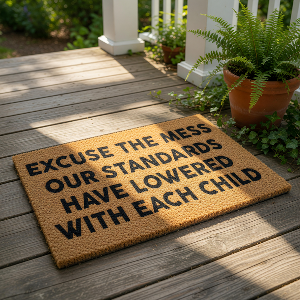 Funny parent doormat with the text Excuse the mess our standards have lowered with each child, a natural coir fiber welcome mat for front porch entryways that makes a humorous home decor statement for busy families and parents.