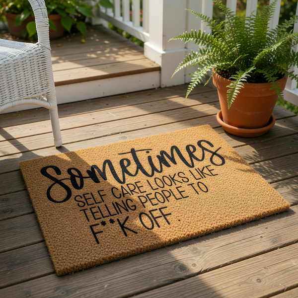 Funny doormat with rude quote about self care, featuring bold black text on a natural coir fiber welcome mat.