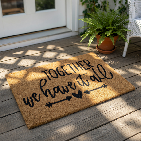 Together We Have It All coir doormat featuring black script text and a heart arrow design, displayed on a front porch as a stylish welcome mat for couples, new homeowners, or housewarming decor on a natural wood deck surface.