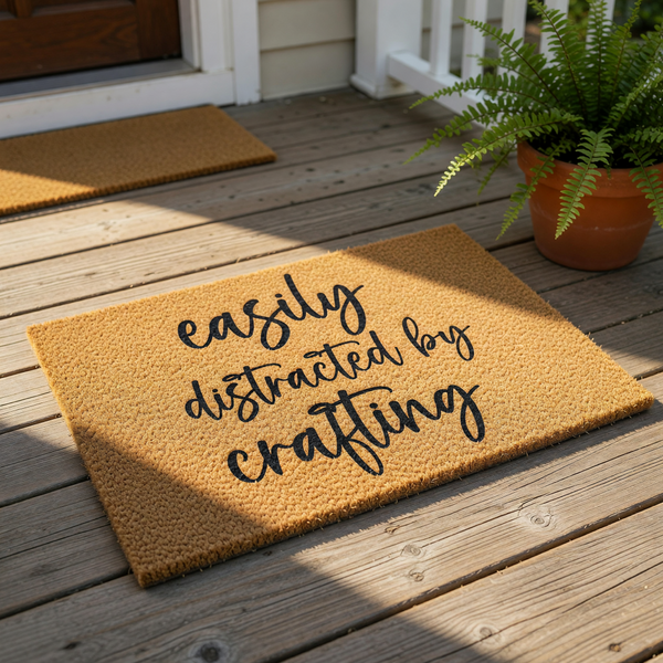 Easily distracted by crafting coir doormat with black script text on a natural fiber welcome mat, perfect for a craft room entrance or a funny front porch decor piece for hobbyists who love DIY projects and creative home