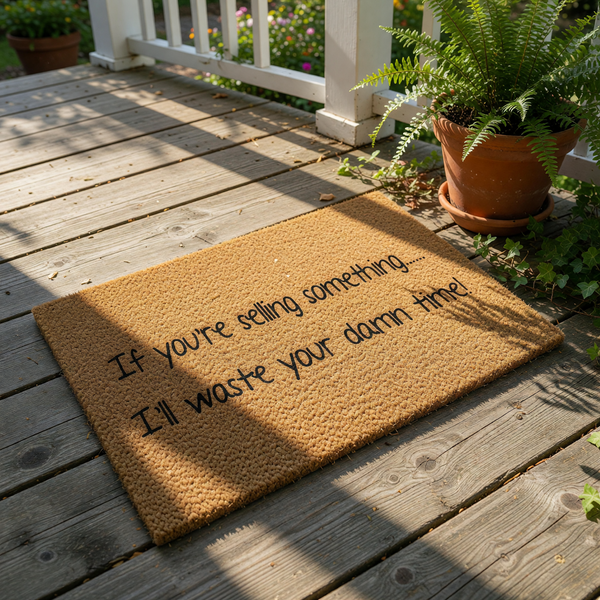 Funny doormat with text If you are selling something I will waste your damn time, a natural coir fiber welcome mat for front porch entryways that serves as a humorous home decor piece for visitors and solicitors at your front
