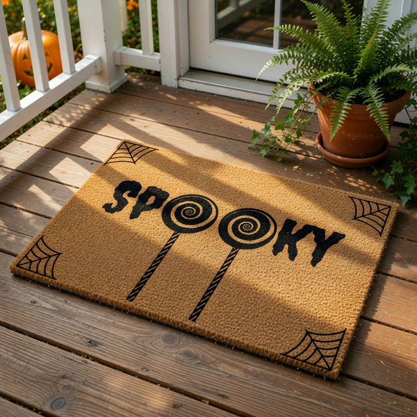 Spooky lollipop doormat for Halloween porch decor, featuring a natural coir fiber welcome mat with black spider web corners and spiral candy designs, perfect for a festive fall entryway or front door entrance on a wood porch.